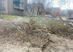 Куча из веток лежит на детской площадке в поселке ХБК в Шахтах